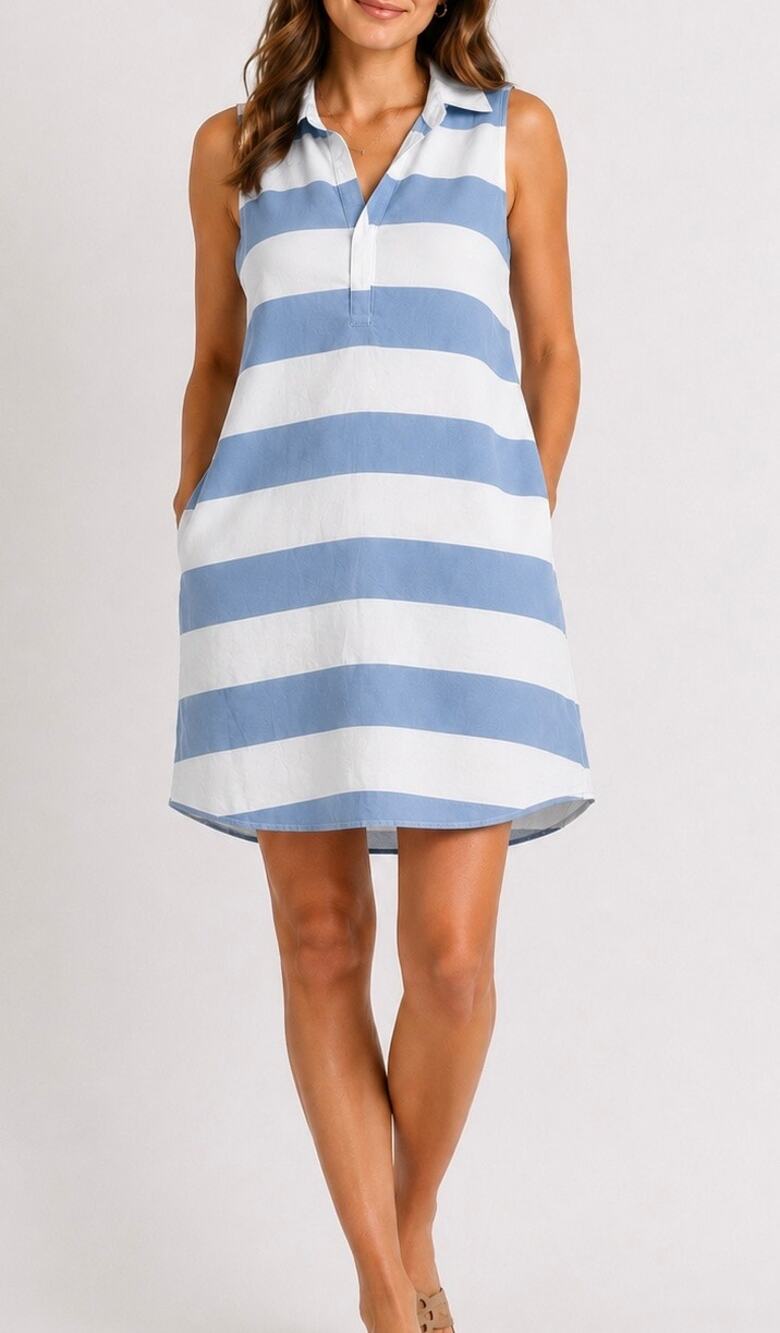 Beachlunchlounge Striped Sleeveless Shirt Dress Coverup Blue & White Size Small